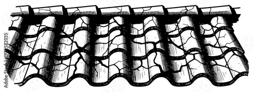 Vintage hand drawn old cracked roof tiles with hatching texture