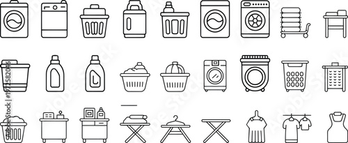 Laundry Line Icons Set – Washing Machine, Detergent, Basket and Clothes Care Outline Vector Collection