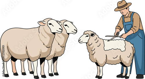Sheep Shearing Illustration with Farmer Cutting Wool from Sheep Farm Animal Husbandry Vector