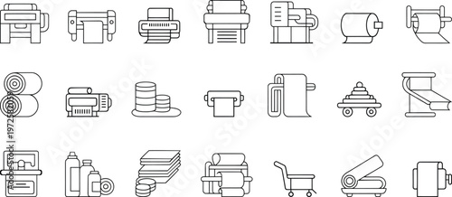 Paper Manufacturing Line Icons Set – Paper Industry Production, Printing Machine, Tissue Roll, Factory Equipment Vector Outline Collection