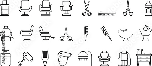 Hair Salon and Barbershop Line Icons Set – Hairdresser Chair, Scissors, Comb, Hair Dryer, Beauty Salon Equipment Vector Outline Collection