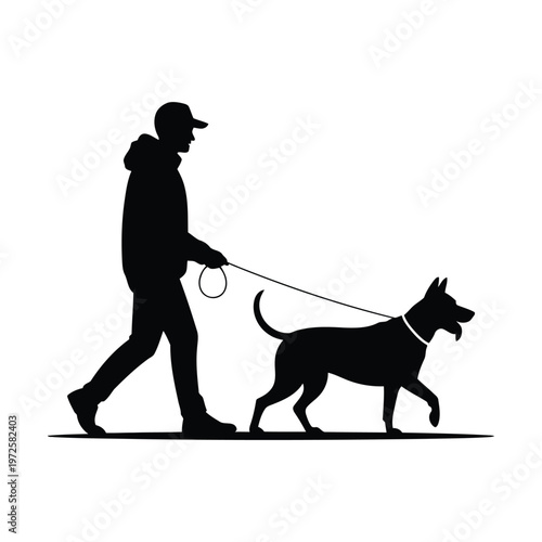 Man Walking Dog Silhouette, Male Pet Owner with Dog on Leash Vector, Outdoor Lifestyle Canine Symbol