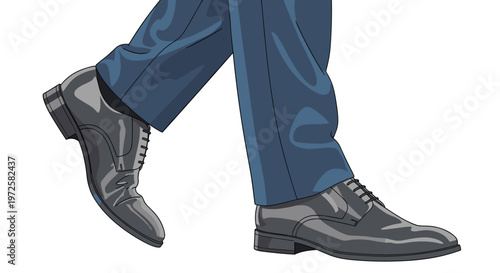Close up shot of a person walking forward in polished black leather dress shoes and formal blue suit trousers.