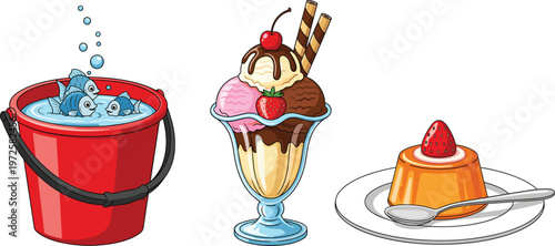 Collection of Vector Illustrations Featuring a Red Bucket with Blue Fish, Neapolitan Ice Cream Sundae with Cherry, and Caramel Pudding Dessert