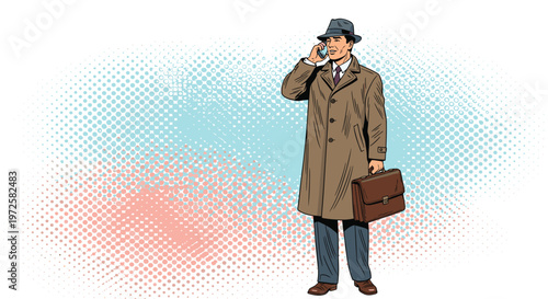 Professional man in a trench coat and hat carries a briefcase while talking on a mobile phone in a pop art style.