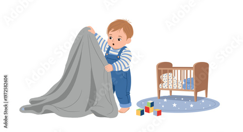 A curious young toddler dressed in blue denim overalls and a striped shirt playfully pulls a heavy grey blanket across a bright nursery room floor with a wooden crib.