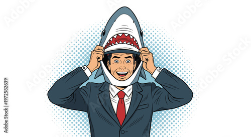 Smiling businessman in a suit removes a shark mask to reveal his face against a blue and white dotted background.