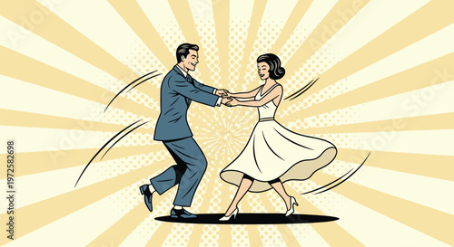 Elegant man and woman dancing together in a classic style against a beige sunburst background in a pop art style.