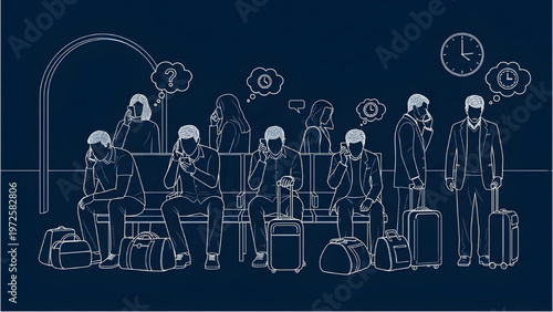 Passengers Waiting with Bags and Phones CAD Blueprint Illustration Dark Blue Background Technical Crowd Scene