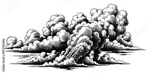 Hand drawn vintage engraving of voluminous cumulus clouds with cross hatching texture