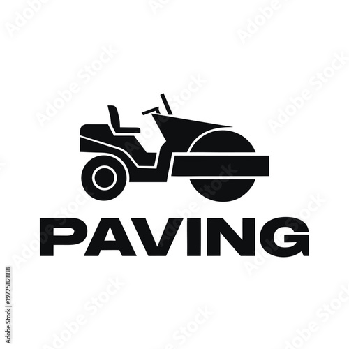 Black and white of a paving roller machine with the word paving
