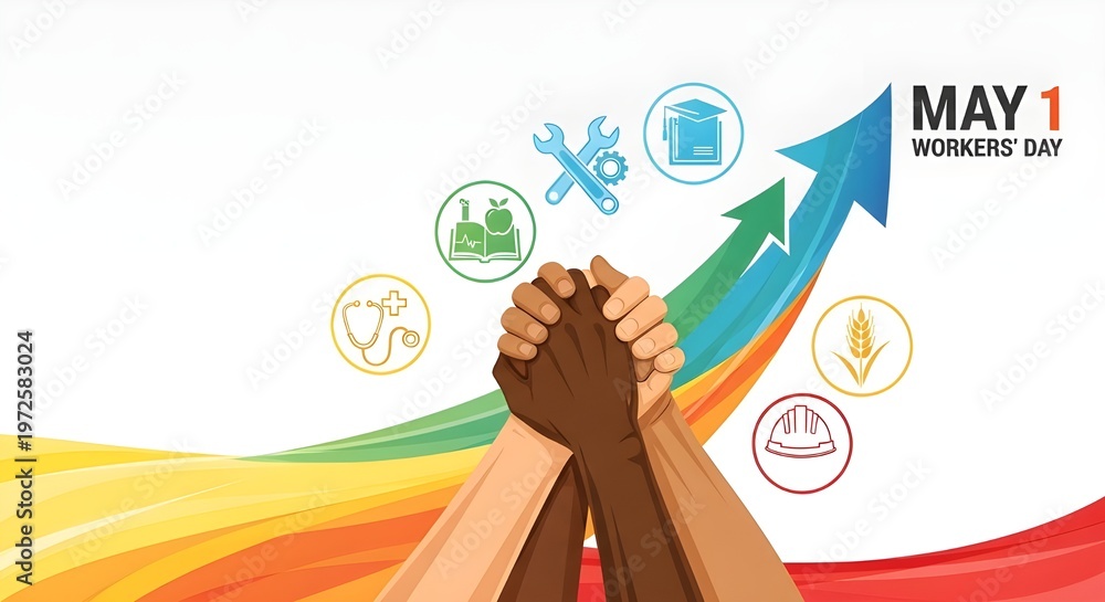 Obraz premium Diverse Hands Unity for Workers Day May 1 Labor Solidarity Growth Arrow Industry Icons Vector Illustration