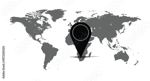 A prominent black location pin with a subtle shadow marks a specific point on a detailed grey world map against a clean and white background for global navigation today.