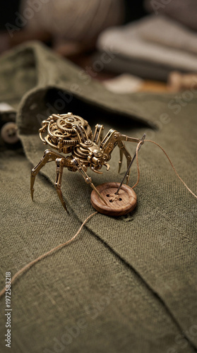 Intricate golden spider sculpture artfully interacts with a wooden button on a textured green cloth.