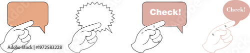 Four hand drawn speech bubbles with pointing fingers in varying styles