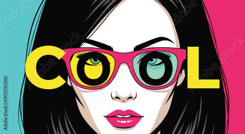 Close up of a woman with black hair wearing pink glasses with the word cool integrated into the lens design.