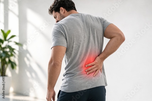 Person holding lower back with a subtle red glow highlighting pain area. Clean neutral background, healthcare concept showing muscle strain, posture problems and back pain treatment.
