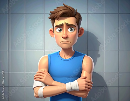 Cartoon man with a bandaged arm looking sad in front of a tiled wall
