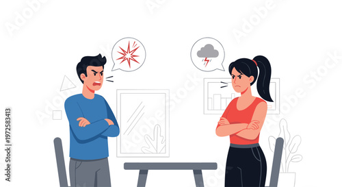 A furious man in a blue sweater and an angry woman in a red top exchange heated words across a minimalist grey table against a white backdrop.