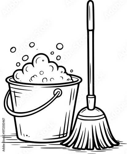 Black and white line of a mop and bucket filled with suds and bubbles cleaning