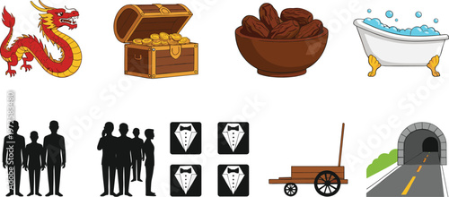 Diverse Vector Icon Set Featuring Red Dragon, Treasure Chest, Dates Fruit, Bathtub, People Silhouettes, Tuxedo Symbols, Wooden Cart, and Road Tunnel for Graphic Design