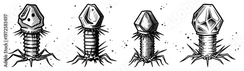 Surreal vintage stipple illustration of bacteriophage virus structures or alien crystalline organisms