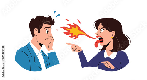 Angry woman breathes fire at a shocked man during an intense argument or disagreement in a colorful illustration.