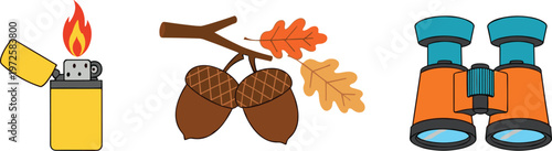 Flat Vector Design Set Featuring Yellow Metal Lighter with Flame, Oak Branch with Acorns and Leaves, and Orange Outdoor Sightseeing Binoculars