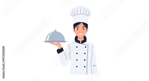 A cheerful female chef wearing a pristine white culinary uniform and a tall toque proudly presents a silver serving platter covered by a polished cloche.