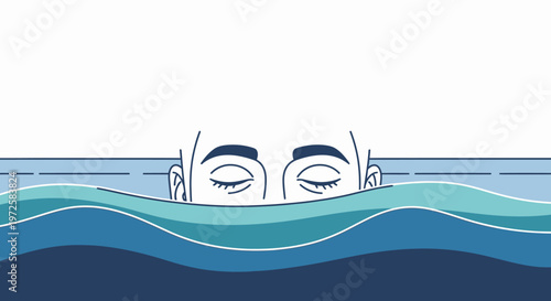 Minimalist vector illustration of a person's head partially submerged in calm blue water with closed eyes, symbolizing deep thought, meditation, or feeling overwhelmed.