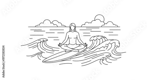 Serene woman meditating in lotus position on a surfboard amidst ocean waves under a calm sky, embodying peace, balance, and mindfulness in nature line art.