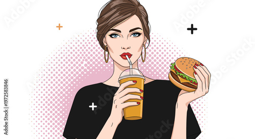 Stylish young woman in pop art style enjoys a refreshing orange drink through a straw while holding a delicious cheeseburger snack.