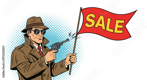Retro detective character in a trench coat and fedora fires a pistol that reveals a red sale flag for marketing and promotion themes.