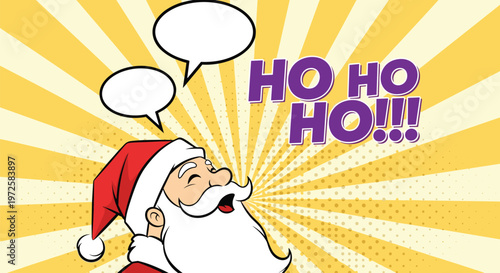 Joyful Santa Claus laughs heartily with ho ho ho text and speech bubbles against a yellow sunburst background for Christmas celebrations.