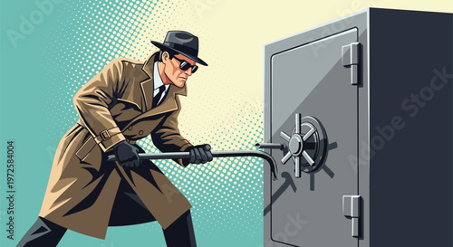 Cunning thief in a trench coat and sunglasses uses a heavy crowbar to break into a large steel safe against a retro halftone background.
