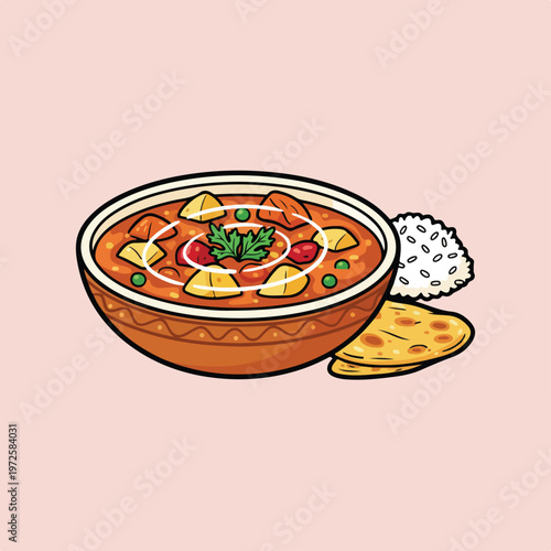 A stylized illustration of a bowl of vegetable curry with garnish, served with rice and flatbread on a light pink background.