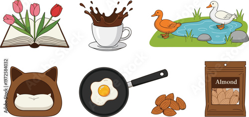 Flat Vector Icon Set Featuring Tulips in Open Book, Coffee Splash, Ducks in Pond, Cat Bed, Fried Egg in Pan, and Almonds