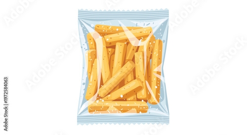 A clear plastic snack bag filled with crispy golden breadsticks seasoned with salt and herbs sits centered against a neutral and bright white background.