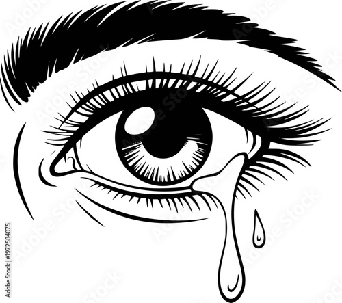 Black and white of a crying human eye with tears falling down sadness