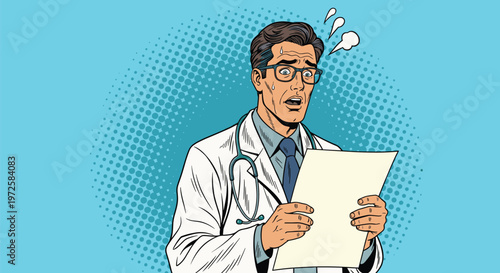 Worried male doctor with a stethoscope around his neck looks at a document with a look of concern and shock on a blue halftone background.