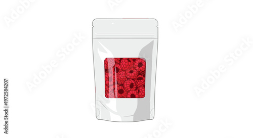 A pristine white flexible stand-up pouch with a clear viewing window displays vibrant red raspberries against a minimalist and bright studio backdrop.