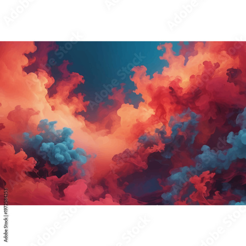 Abstract background with red hearts and fractal fire flames exploding across a dark sky texture with hot orange ink smoke and grunge paint art design
