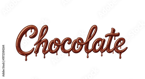 The word Chocolate is elegantly written in a thick glossy dark brown liquid script font with realistic melting drips against a stark white background.