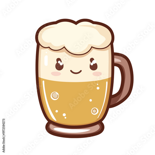 Adorable cartoon mug of beer, complete with foam, bubbles, handle, and cute animated face