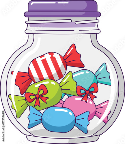 Glass Candy Jar Filled with Assorted Colorful Wrapped Sweets and Toffees for Birthday Parties, Dessert Shop Menus, and Sweet Shop Marketing Graphic Designs