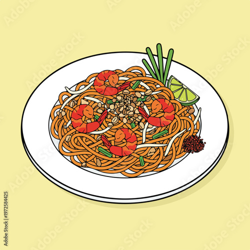 This detailed vector artwork showcases a classic plate of Pad Thai noodles with shrimp, bean sprouts, and lime on a simple light yellow background.