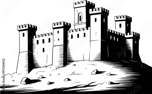 Black and white of a medieval castle a rocky hill with crenellated towers and battlements