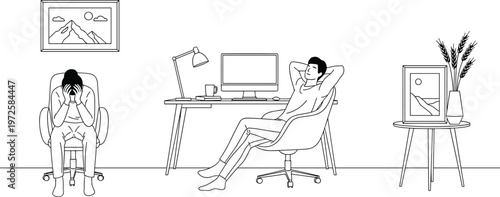 Office Worker Stress and Relax Line Art Vector Illustration with Businessman at Desk Feeling Tired and Relaxing in Chair Scene