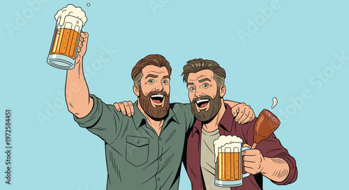 Two cheerful bearded men toast with large mugs of frothy beer and a ham leg while celebrating together against a blue background.