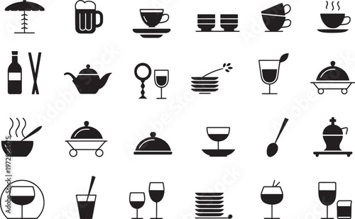 black and white restaurant icons set with food and drink items